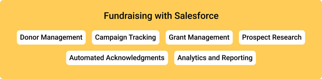 Fundraise with Salesforce - 1. Donor Management, 2. Campaign Tracking 3. Grant Management 4. Prospect Research 5. Automated Acknowledgements 6. Analytics 