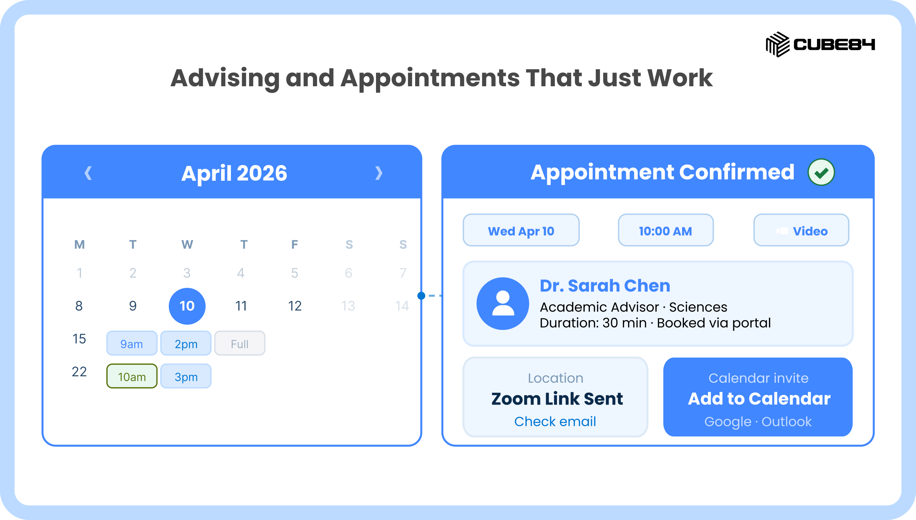 Advising and Appointments That Just Work shows a streamlined scheduling interface split into two panels. On the left, an April 2026 calendar allows users to select dates and times, such as a 10:00 AM slot. The right panel shows an Appointment Confirmed screen for a 30-minute video session with Dr. Sarah Chen, an Academic Advisor for Sciences. This screen includes a confirmation that a Zoom link has been sent and provides a button to add the meeting to Google or Outlook calendars, illustrating a frictionless booking experience for students.