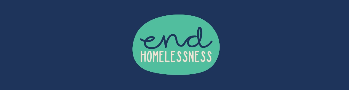 Circular teal badge with hand-written style text reading "end HOMELESSNESS" in white lettering, set against a dark navy background