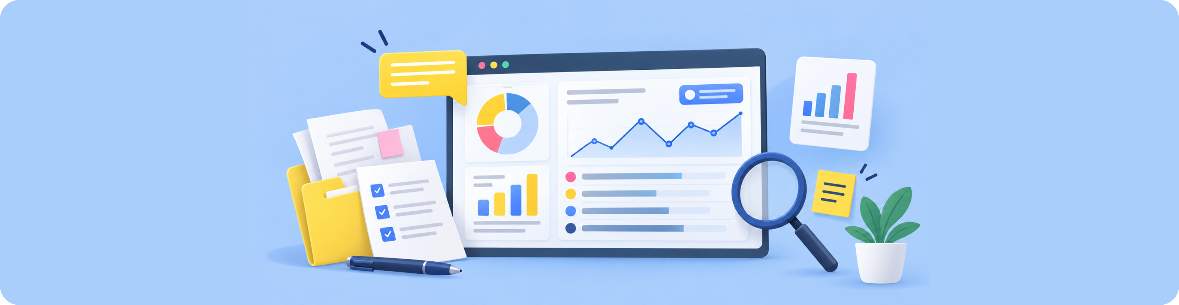 3D illustration on a light blue background showing a data dashboard screen with pie charts and line graphs, surrounded by a folder, magnifying glass, and document icons.