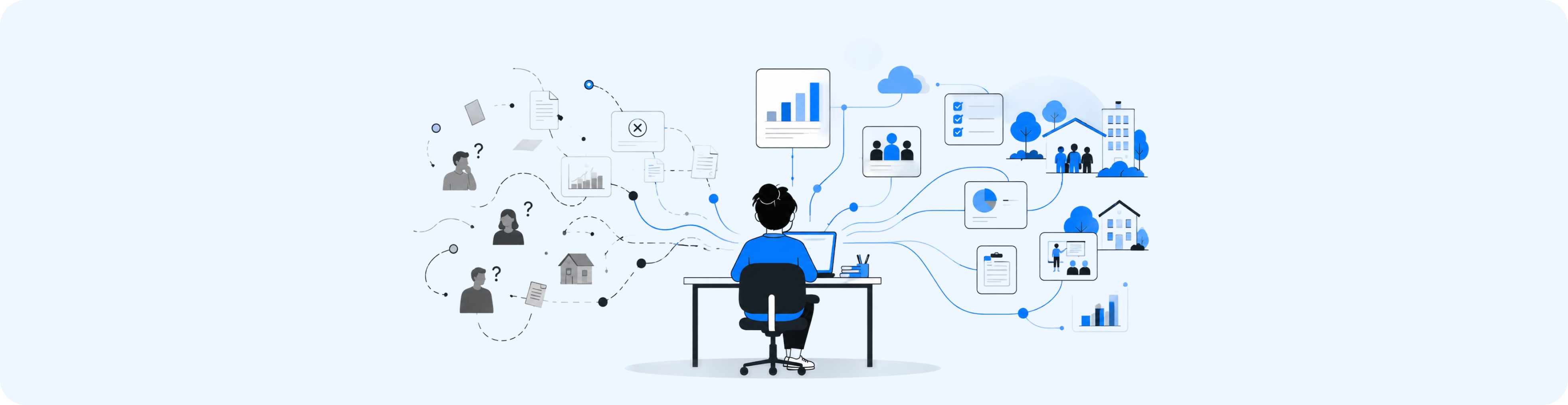 Illustration of a person working at a laptop, transitioning disorganized paper notes and questions on the left into organized digital workflows, housing, and analytics on the right.
